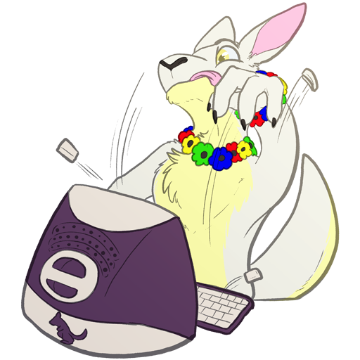 A sticker of Lilia Roo typing furiously on the keyboard of an iMac G3. The keys are flying off the keyboard!