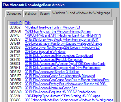 helparchive displaying a list of documents relating to Windows 3.1 and Windows for Workgroups
